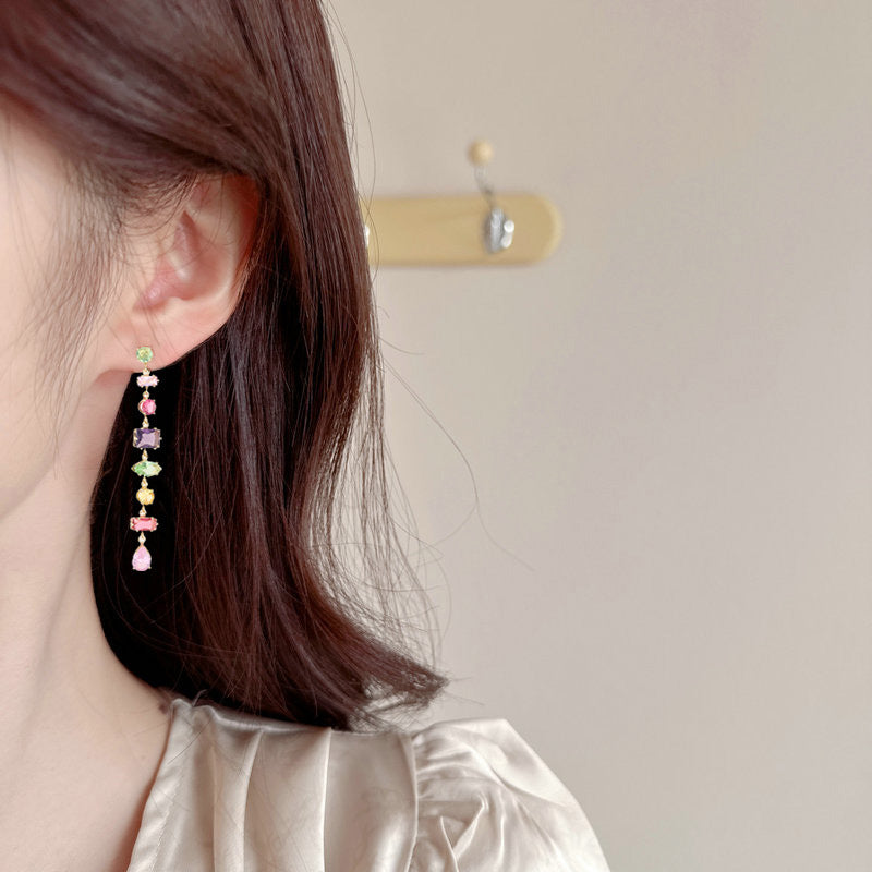 Vintage Rainbow Multi-Shape Diamond Long Drop Earrings, Gold & Silver Luxury Face-Slimming Stud Earrings for Women