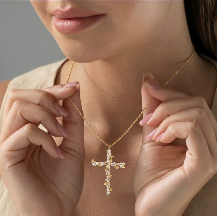 Floral‑Cluster Diamond Cross Pendant Necklace, Gold & Silver‑Tone Options