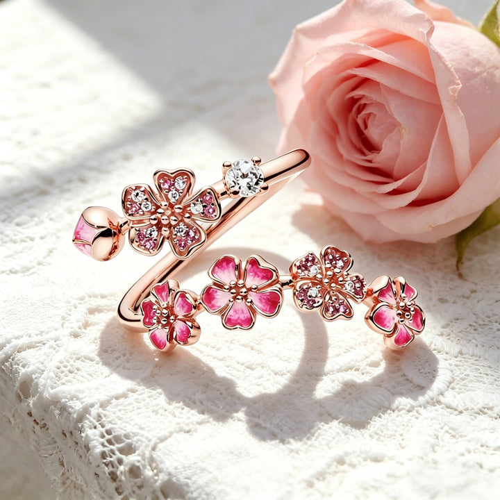 Gradient Enamel Blossom Branch Open Ring, Two-Tone Floral Adjustable Dainty Ring for Women