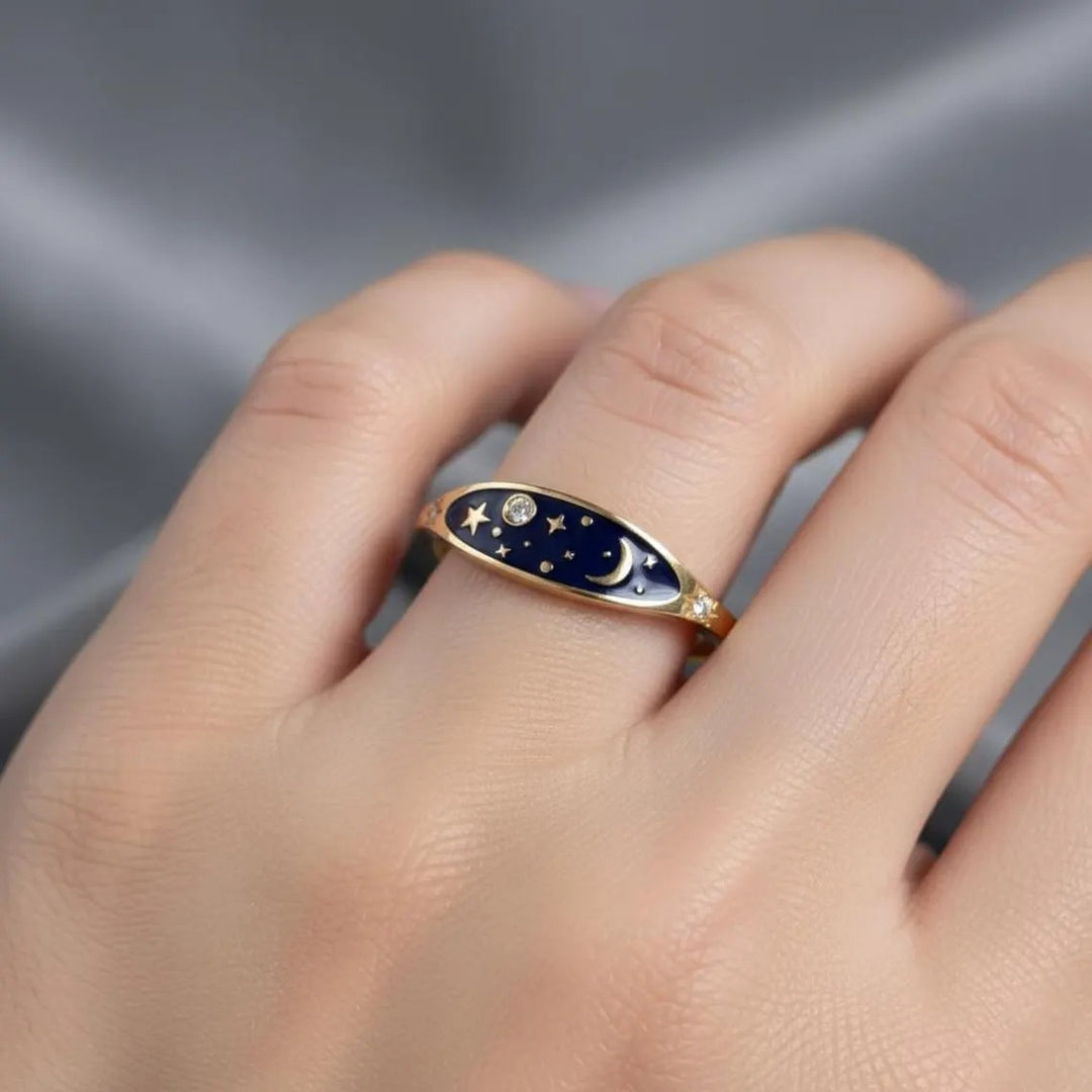 Starry Sky Moon & Star Enamel S925 Silver Ring, Dark Blue Enamel Minimalist Ring, 2 Colors Available