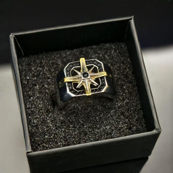 Two-Tone Compass Star Men's Ring, Vintage Contrast North Star Signet Ring, American Workwear Style Band
