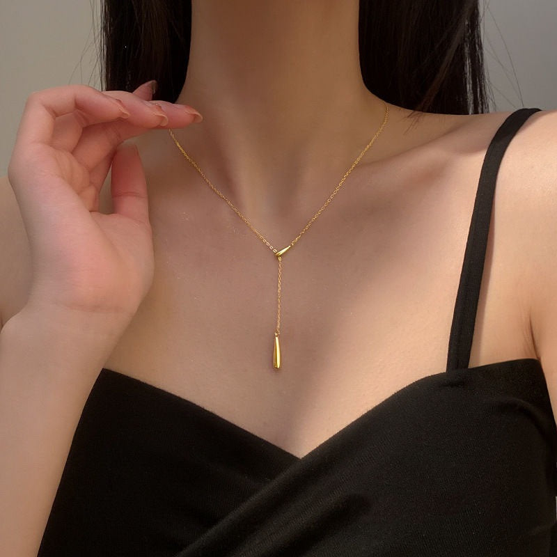 Polished Teardrop Y‑Shape S925 Silver Gold‑Plated Necklace