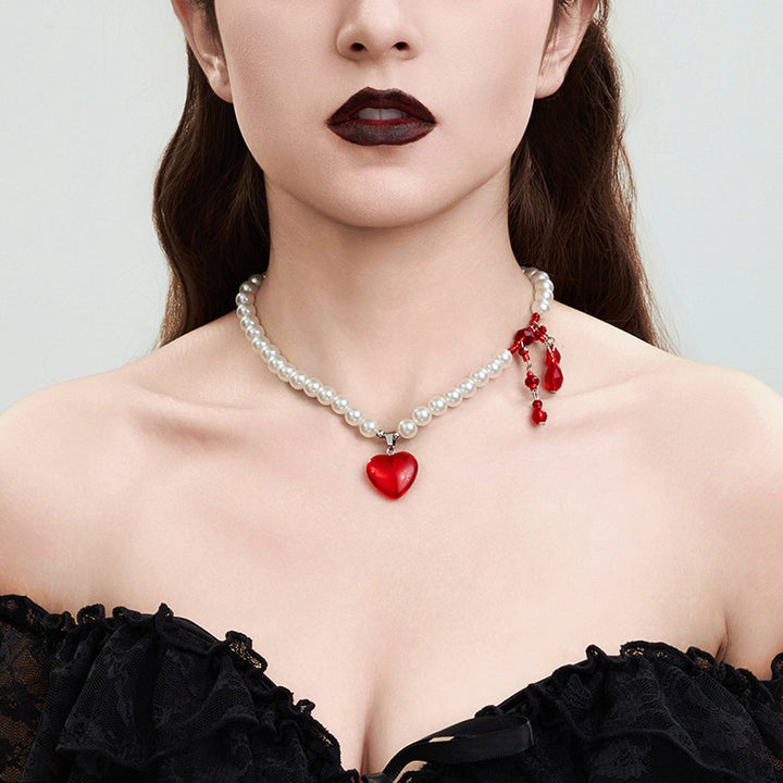 Gothic Pearl Necklace – Halloween Blood Drop Crystal Tassel Choker