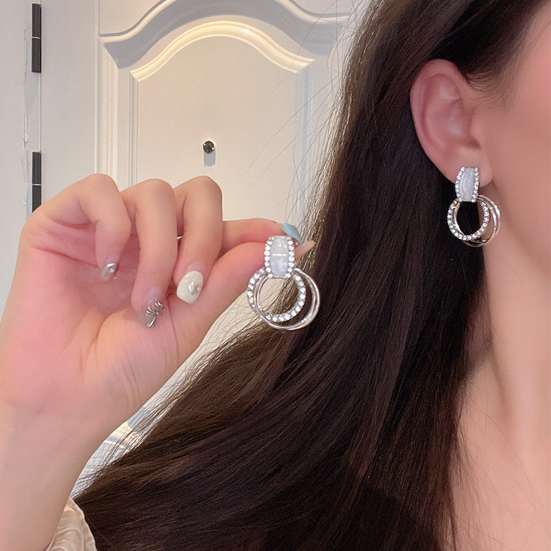 Iridescent Shell & Double Circle Pave Earrings (Light Luxury Minimalist Elegance Style)