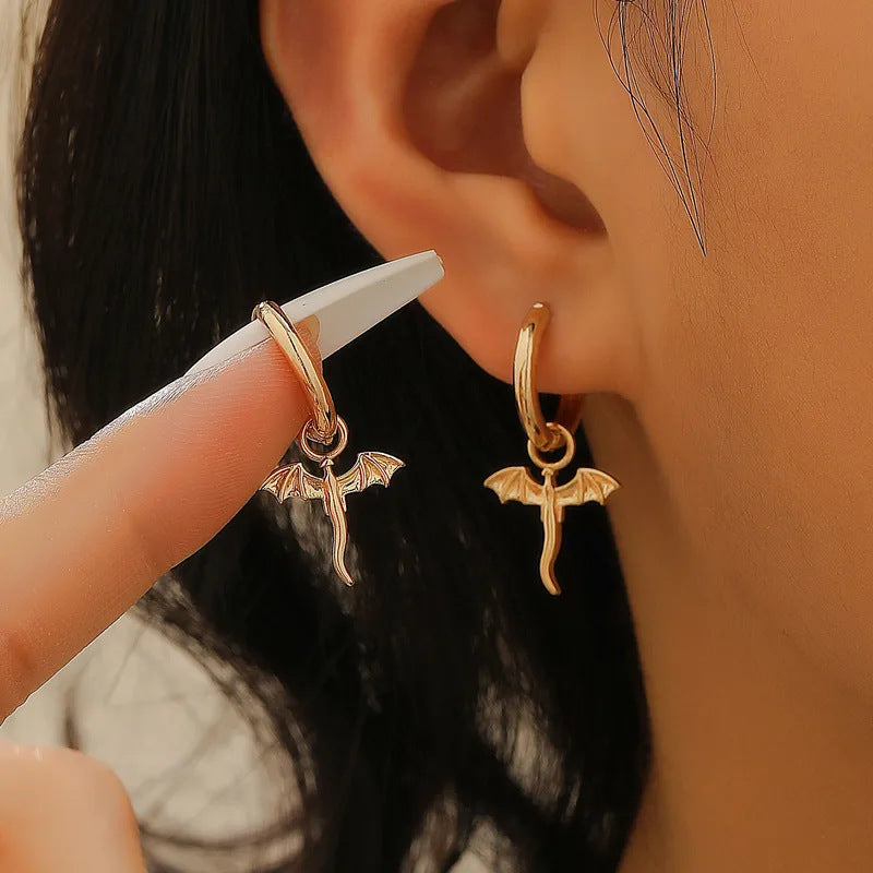 Flying Dragon Charm Hoop Earrings, Dragon Wing Huggie Hoops, Gold & Silver Gothic Punk Earrings
