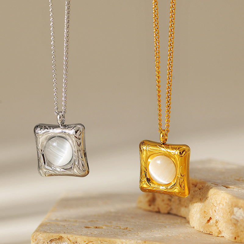 Square Cat's Eye Stone Pendant Necklace – Elegant Clavicle Chain for Women