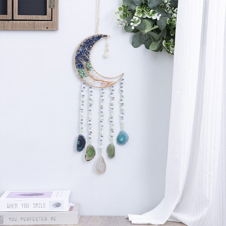 Natural Crystal Stones Moon Dreamcatcher Ornament (Spiritual Healing Style Series)
