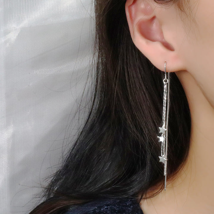 Multi-Layer Star Long Tassel Hook Earrings, Triple Star Snake Chain Slimming Sweet Silver Dangle Jewelry