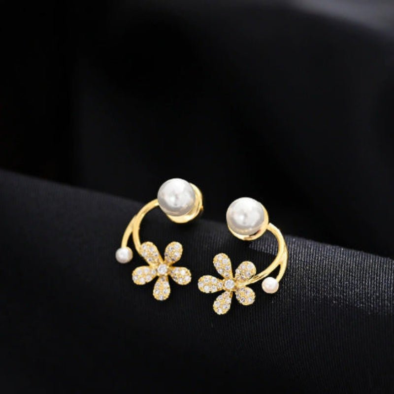 Back-Drop Pearl & Pavé Flower Earrings (Luxury Gentle Delicate Earrings)