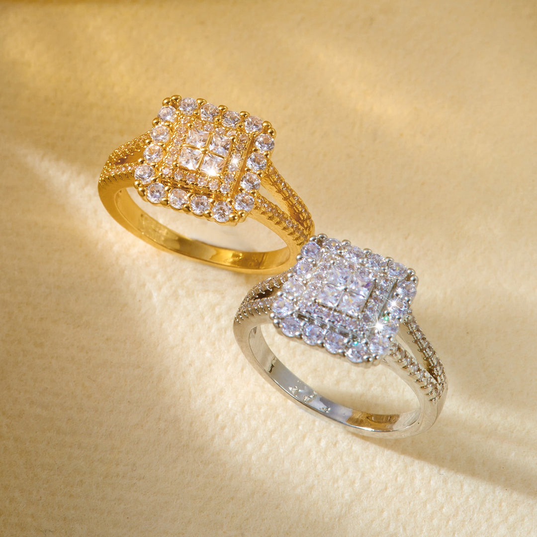 Emerald Cut Halo Paved Ring, Gold & Silver Luxury Double Shank Engagement Wedding Band for Women