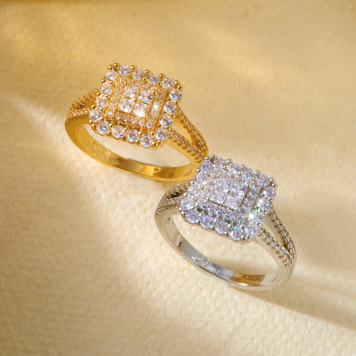 Emerald Cut Halo Paved Ring, Gold & Silver Luxury Double Shank Engagement Wedding Band for Women
