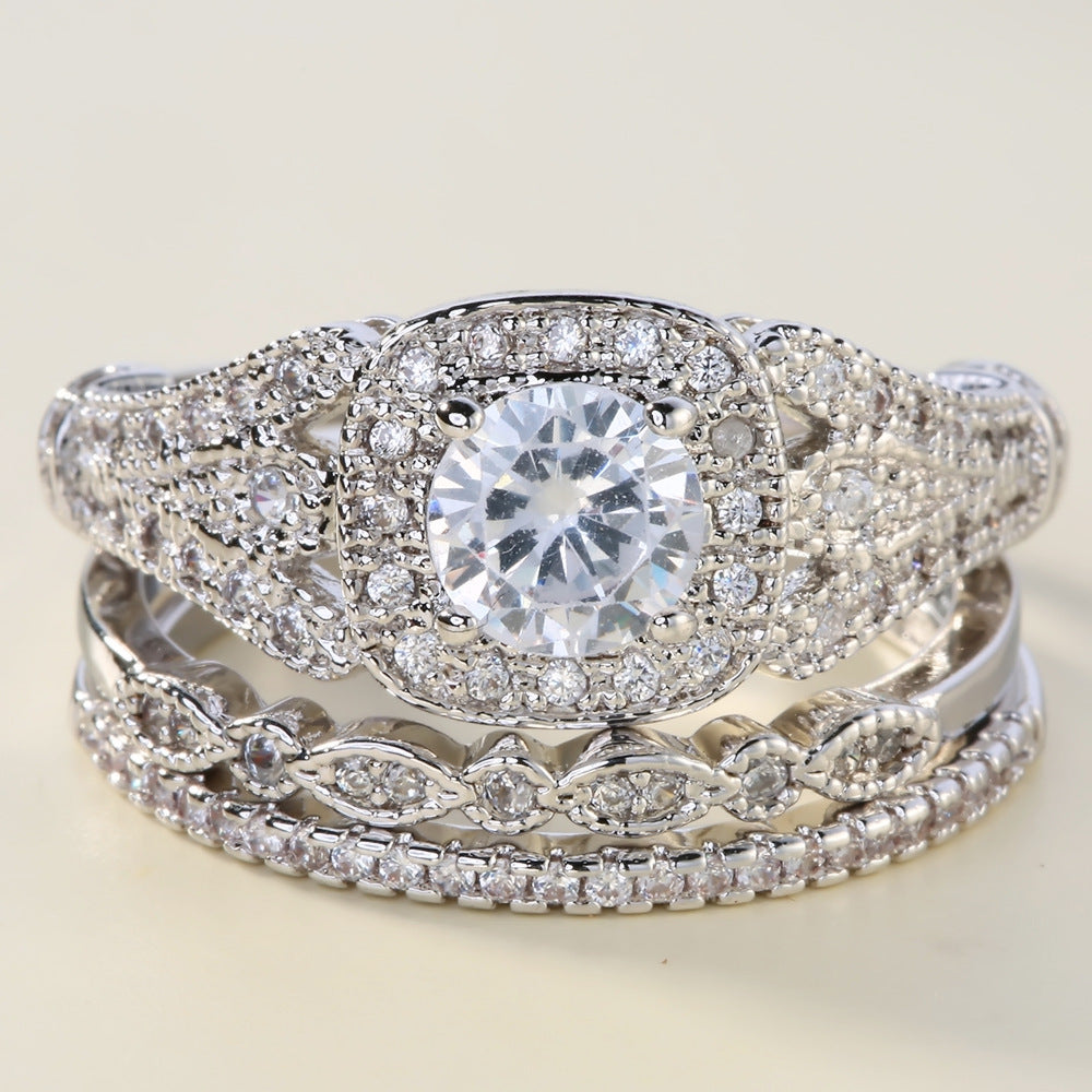 Vintage Milgrain Halo 3-Piece Bridal Ring Set, Solid S925 Silver 3-Tone Heavy Stackable Engagement Band Set