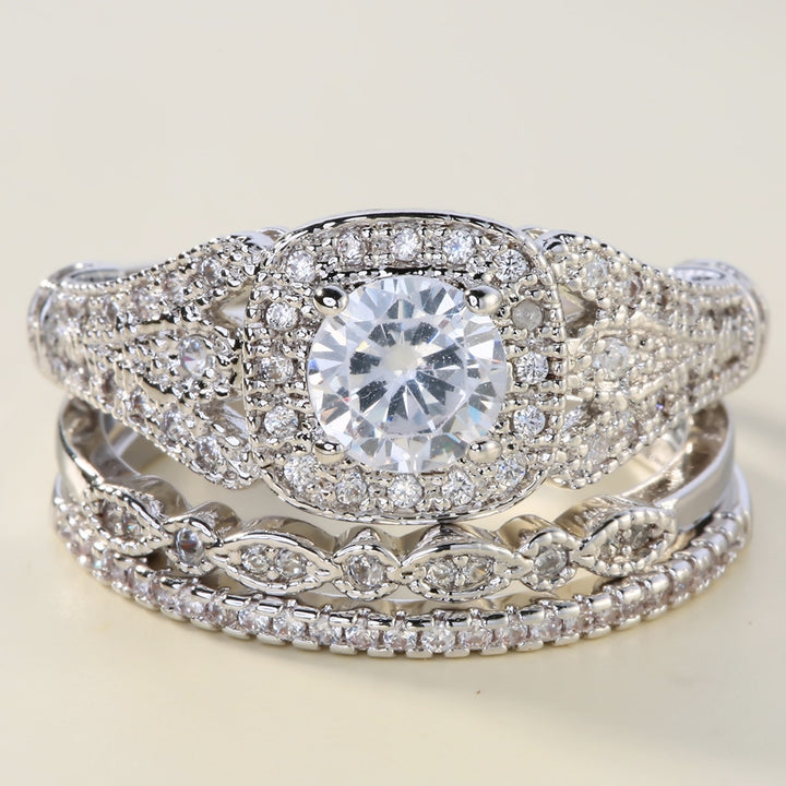 Vintage Milgrain Halo 3-Piece Bridal Ring Set, Solid S925 Silver 3-Tone Heavy Stackable Engagement Band Set