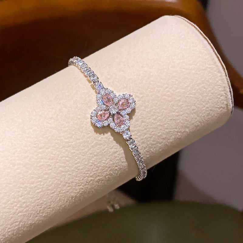 Luxury Four-Leaf Clover Pink Diamond Adjustable Bracelet, Gold & Silver Paved Diamond Pull Chain Women Bracelet