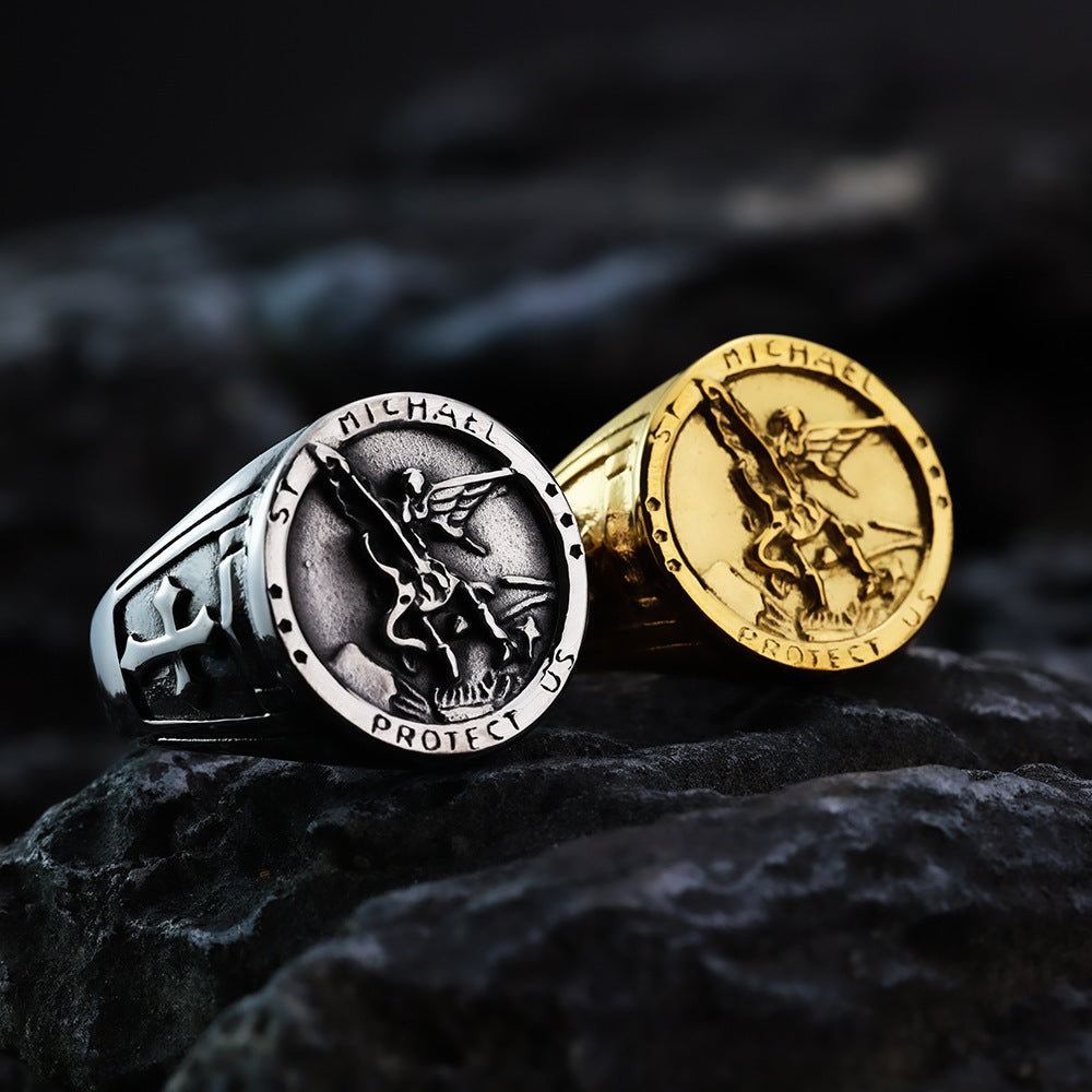 St. Michael Archangel Dragon Slayer Embossed Round Signet Ring, S925 Silver Silver & Gold Two-Tone Vintage Religious Men’s Band