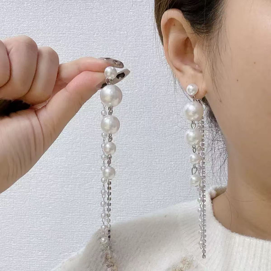 Gradient Natural Pearl Rhinestone Long Tassel Drop Earrings, S925 Sterling Silver Luxury Dainty Chain Women Earrings