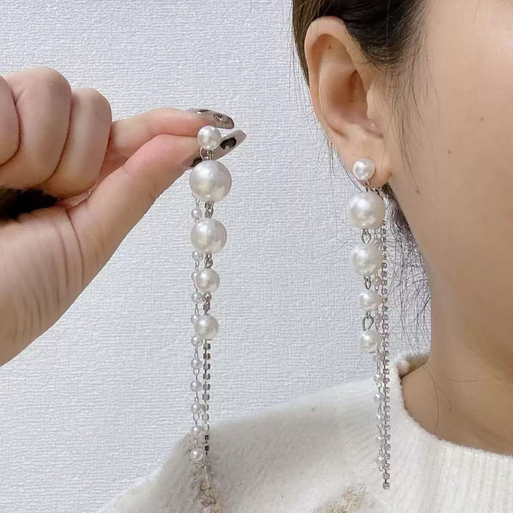 Gradient Natural Pearl Rhinestone Long Tassel Drop Earrings, S925 Sterling Silver Luxury Dainty Chain Women Earrings