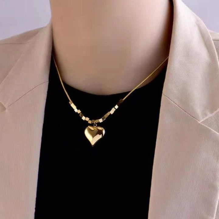 Polished 3D Heart S925 Silver Gold‑Plated Necklace