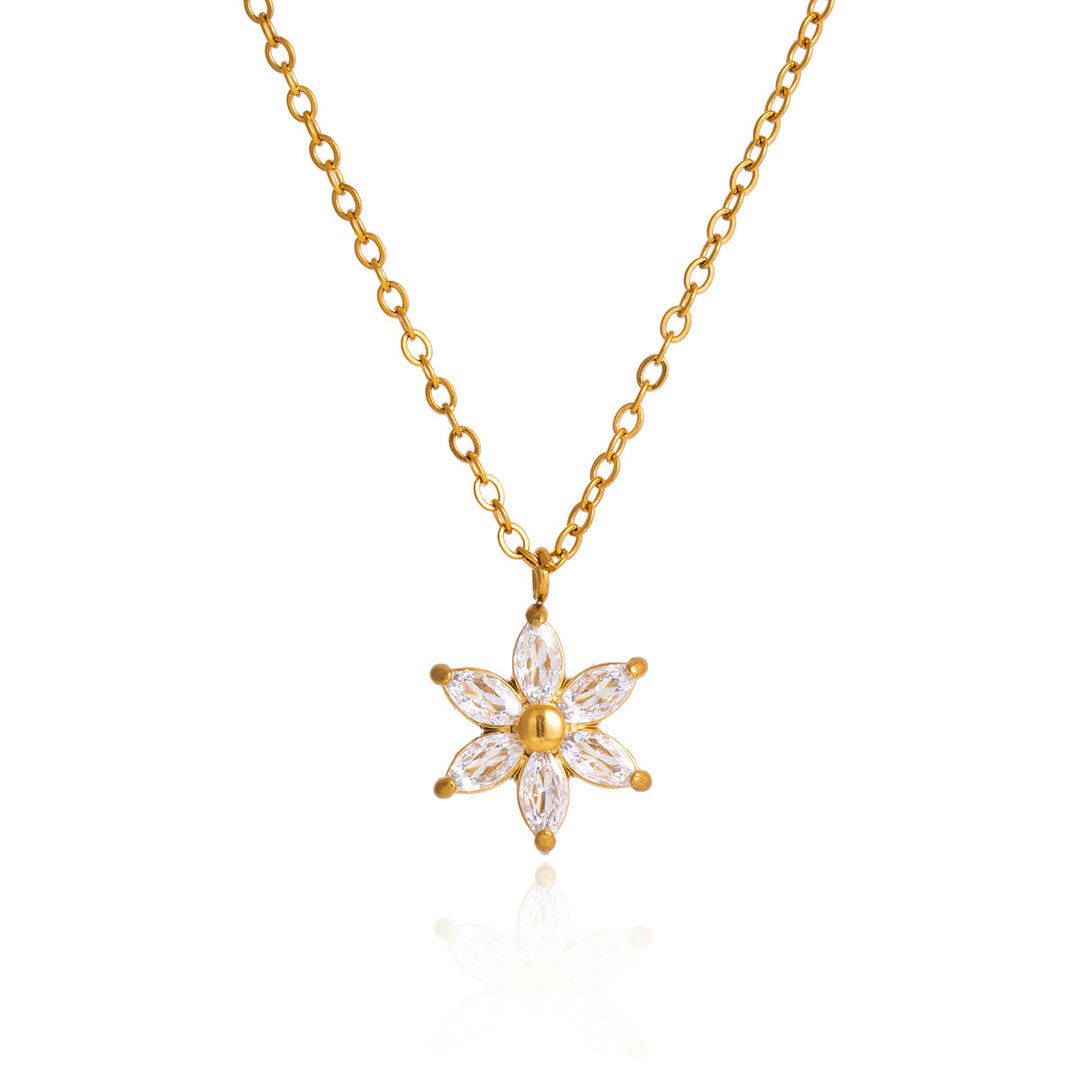 Marquise Diamond 5-Petal Flower Collarbone Necklace, Multi-color Dainty Floral Chain, Gold & Silver Two-Tone Elegant Ladies Jewelry