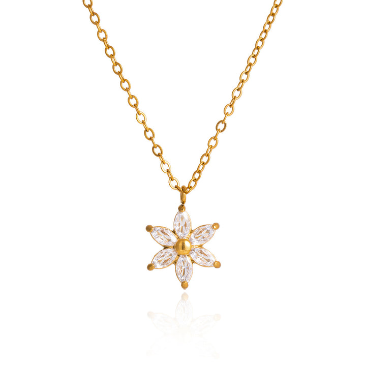 Marquise Diamond 5-Petal Flower Collarbone Necklace, Multi-color Dainty Floral Chain, Gold & Silver Two-Tone Elegant Ladies Jewelry