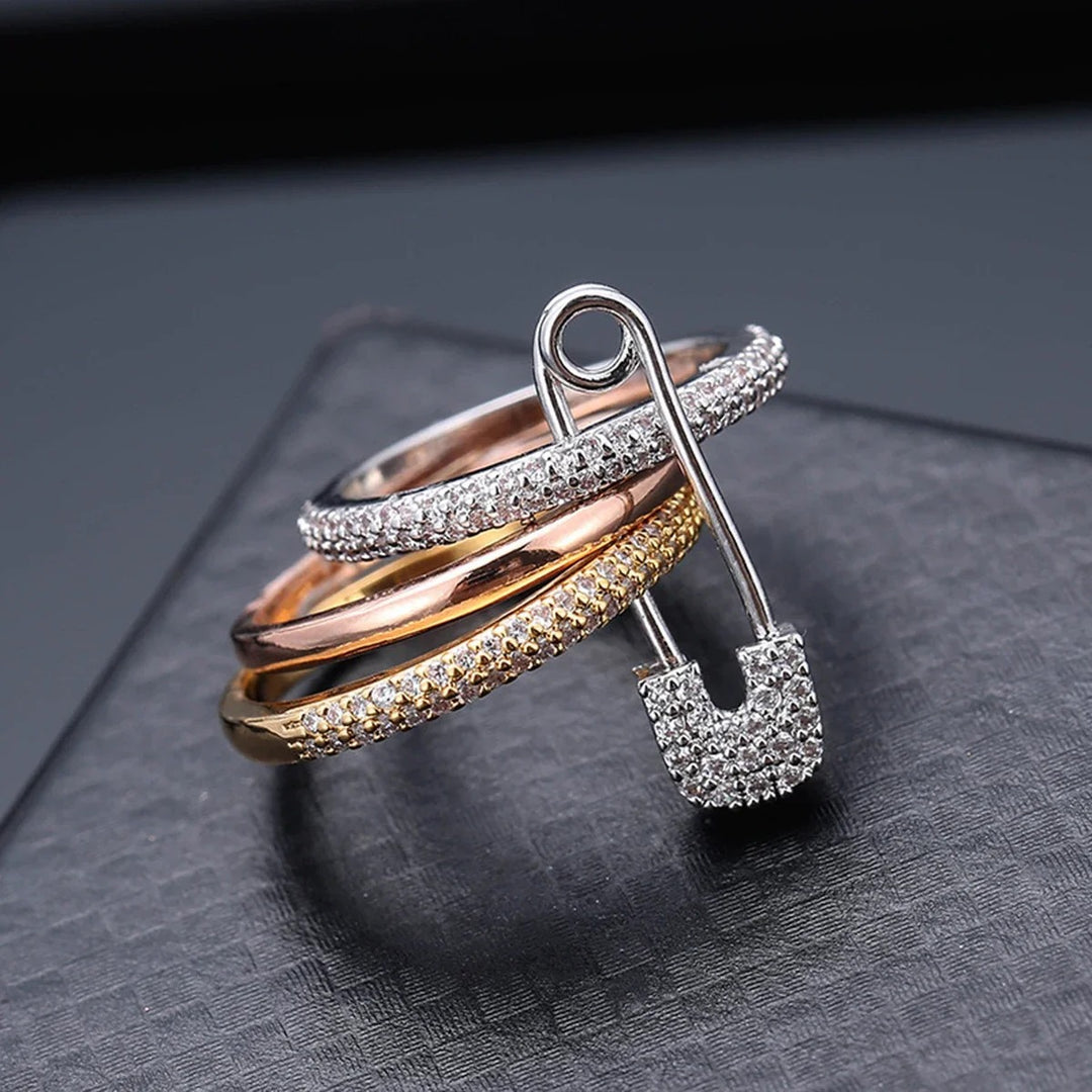 Full-Diamond Safety Pin Triple-Layer Stacking Ring (Edgy Light Luxury Style Series)
