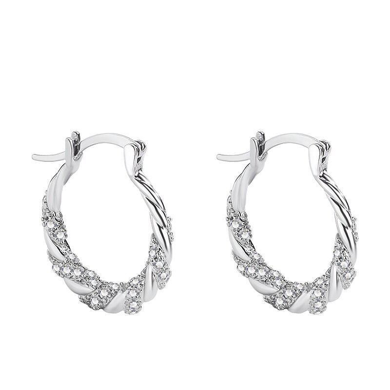 Twisted Paved Diamond Hoop S925 Silver Earrings, Vintage Braided Diamond Hoop Earrings in Gold & Silver Tone