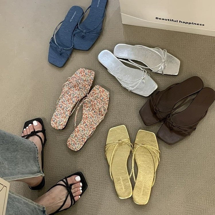 French Thin Strap Square Toe Slide Sandals, Multi Color Flat Summer Slippers