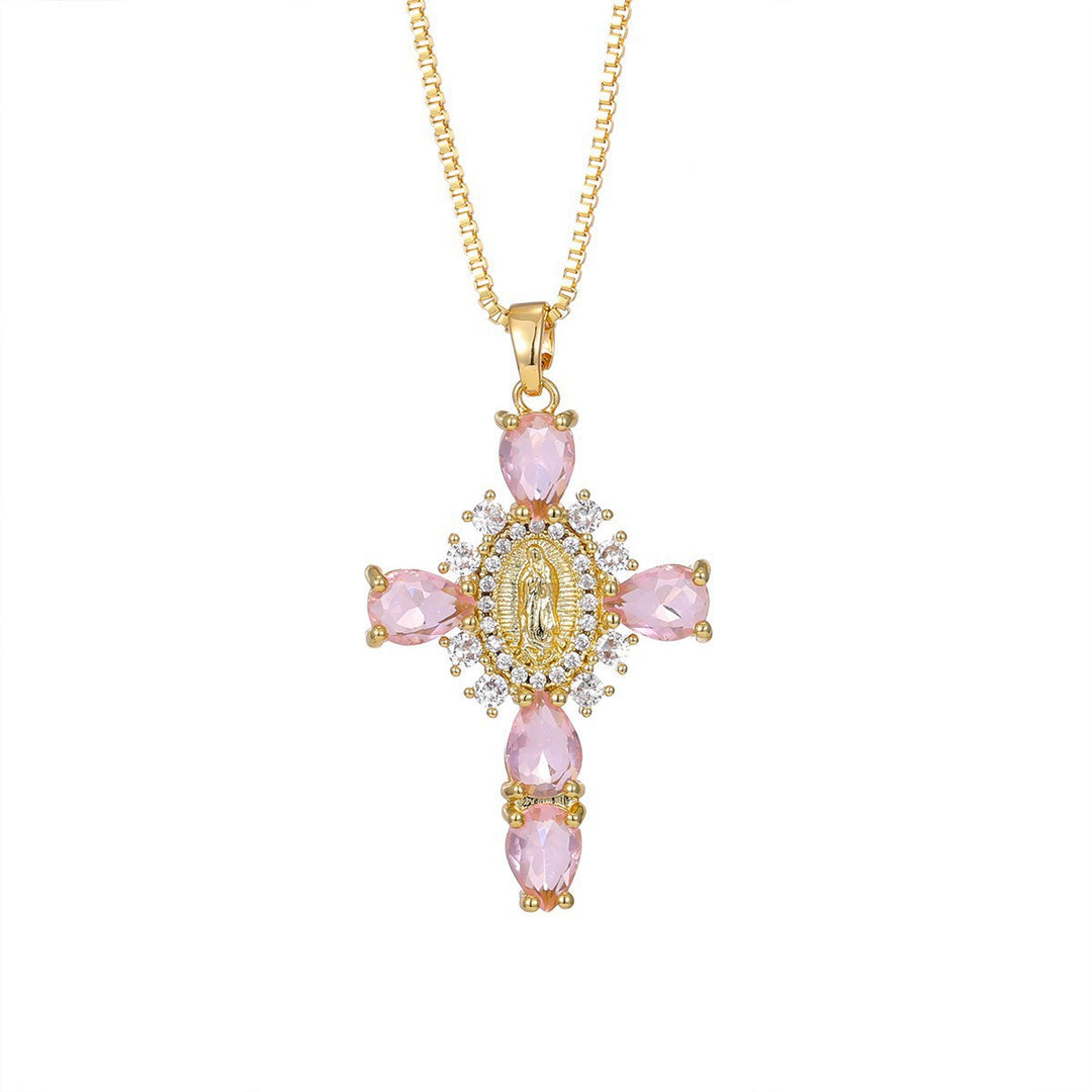 Virgin Mary Embossed Pink Teardrop Diamond Cross Necklace, S925 Sterling Silver Vintage Baroque Collarbone Chain, Gold & Silver Two-Tone Jewelry