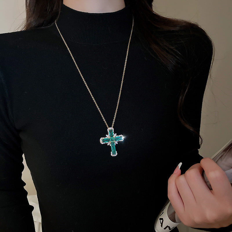 Colored Gem Cross 18K Gold Necklace