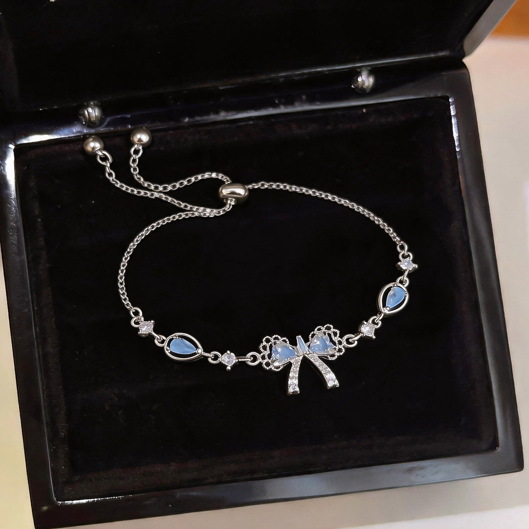 S925 Silver Blue Diamond Bow Slider Bracelet, Sweet Style Adjustable Bracelet with Teardrop Diamonds