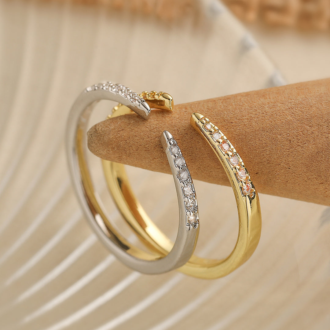 Dual Tip Paved Diamond Open Thin Ring, Minimal Micro-Paved Adjustable Geometric Line Band for Women
