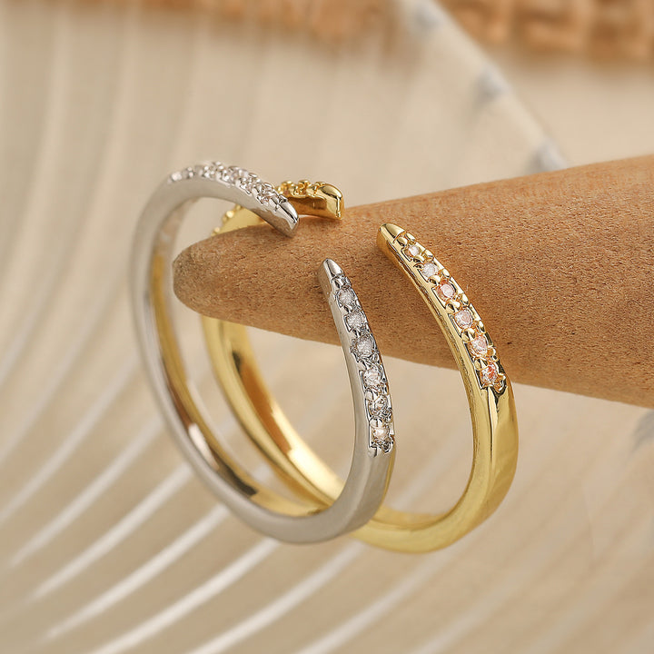 Dual Tip Paved Diamond Open Thin Ring, Minimal Micro-Paved Adjustable Geometric Line Band for Women