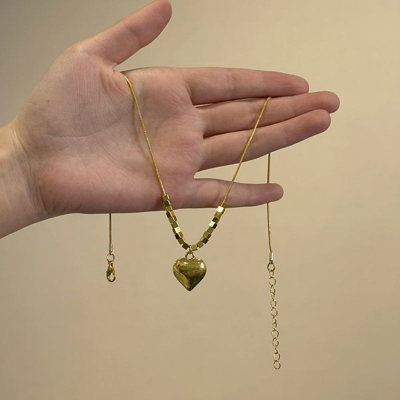Polished 3D Heart S925 Silver Gold‑Plated Necklace