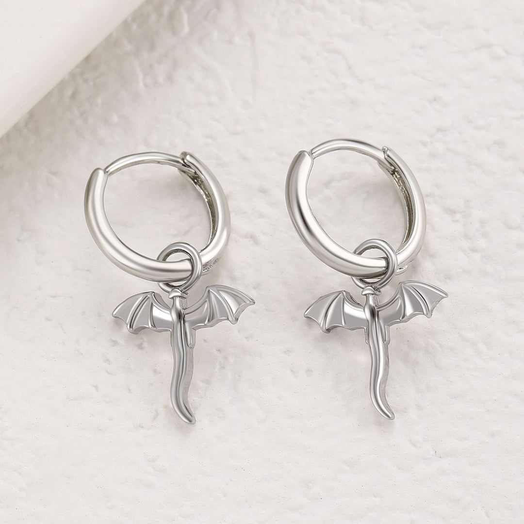 Flying Dragon Charm Hoop Earrings, Dragon Wing Huggie Hoops, Gold & Silver Gothic Punk Earrings