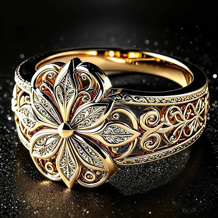 Vintage Hollow Eight-Petal Flower Wide Band Ring, Gold & Silver European Palace Plain Carved Heavy Craft  Ring