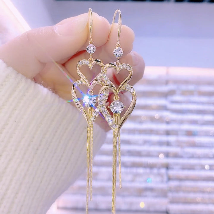 Double Heart Tassel Pavé Drop Earrings (Light Luxury Niche Long Earrings)