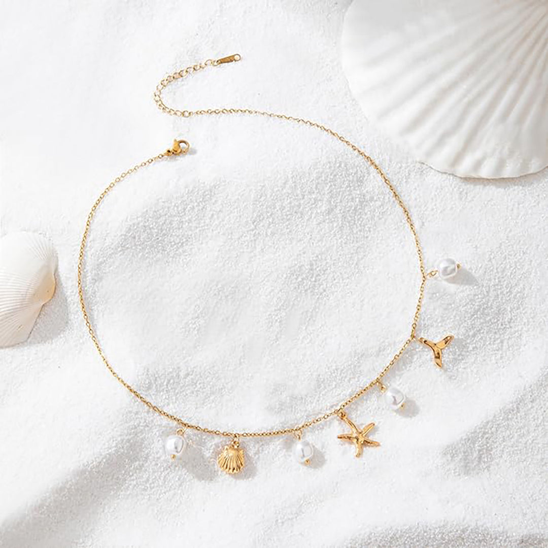 Beach Vacation Starfish Shell Feather Pearl Necklace, Simple Multi-Charm Ocean Style Clavicle Chain for Women