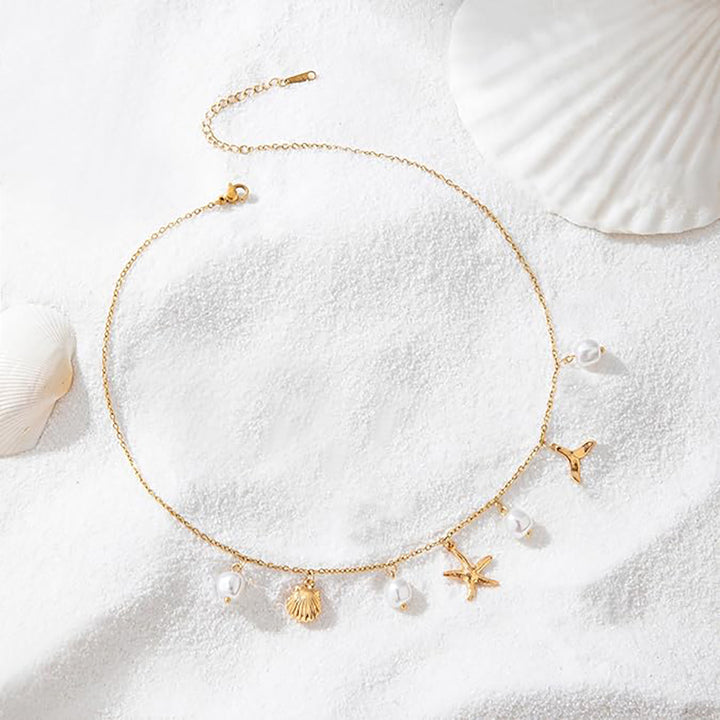 Beach Vacation Starfish Shell Feather Pearl Necklace, Simple Multi-Charm Ocean Style Clavicle Chain for Women