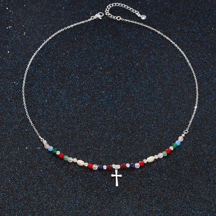 Beaded Gold-Plated Cross Pendant Necklace