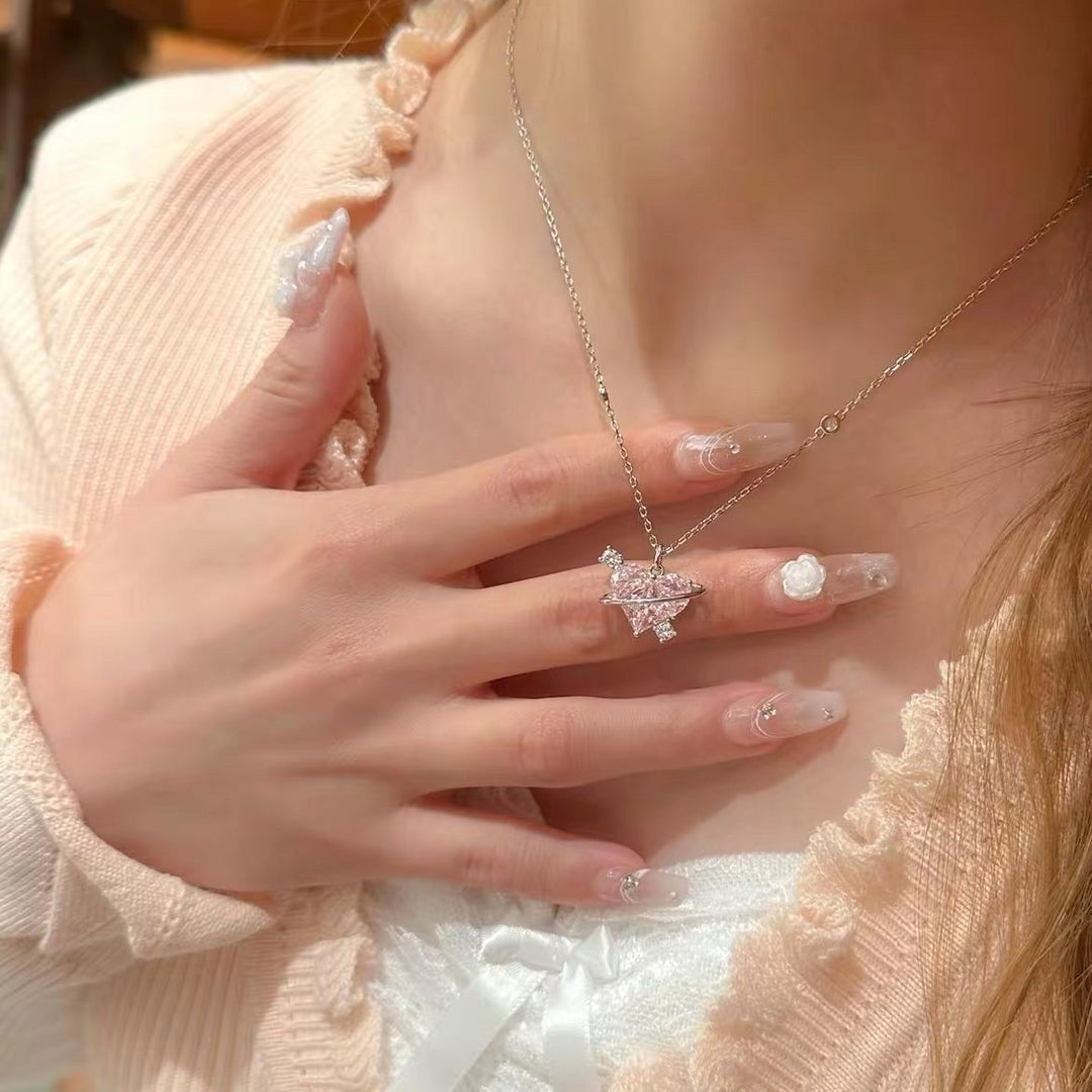 Planet Heart Diamond Necklace, Sweet Saturn Wrapped Heart Collarbone Chain, Pink & Clear Diamond Available
