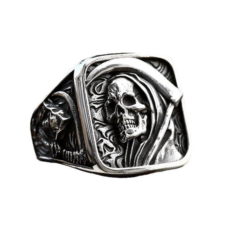 Vintage Grim Reaper Scythe Skull Embossed Signet Ring, S925 Silver Antiqued Dark Biker Wide Band For Men