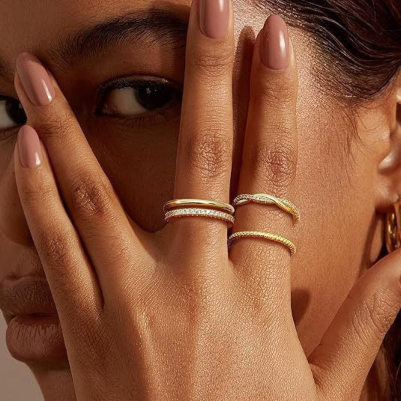 4Pcs Stackable Thin Band S925 Silver Ring Set, Twisted Rope & Paved Diamond Stacking Rings, Gold & Silver Tone