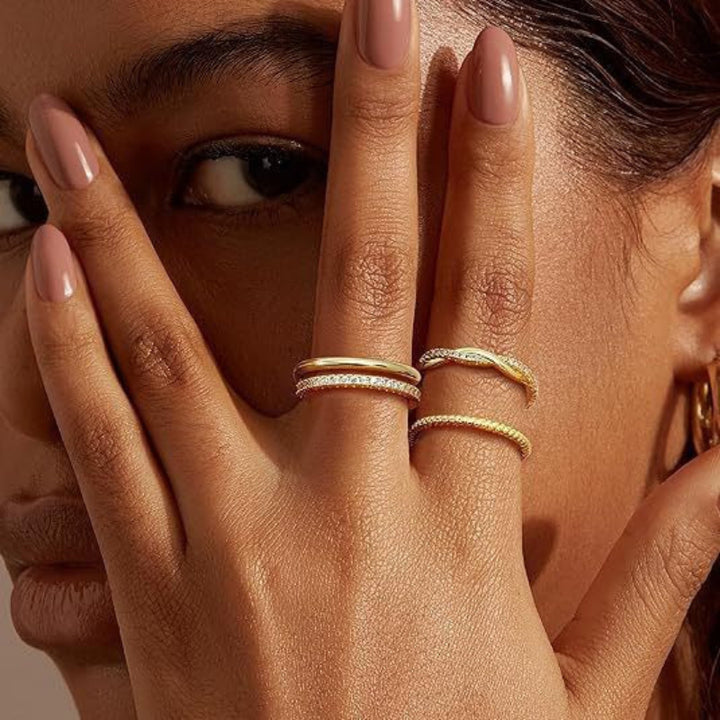 4Pcs Stackable Thin Band S925 Silver Ring Set, Twisted Rope & Paved Diamond Stacking Rings, Gold & Silver Tone