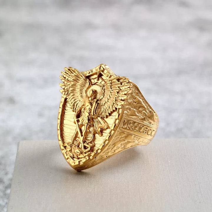 St. Michael Shield Embossed Guardian Signet Ring, S925 Silver Gold Tone / Antiqued Silver Religious Wide Band