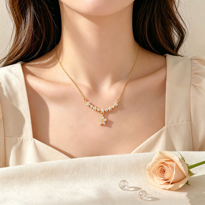 V‑Shape Pave Diamond Drop Clover Collarbone Necklace, Dainty Sparkling Floral Pendant Chain, Gold & Silver Two‑Tone Ladies Jewelry
