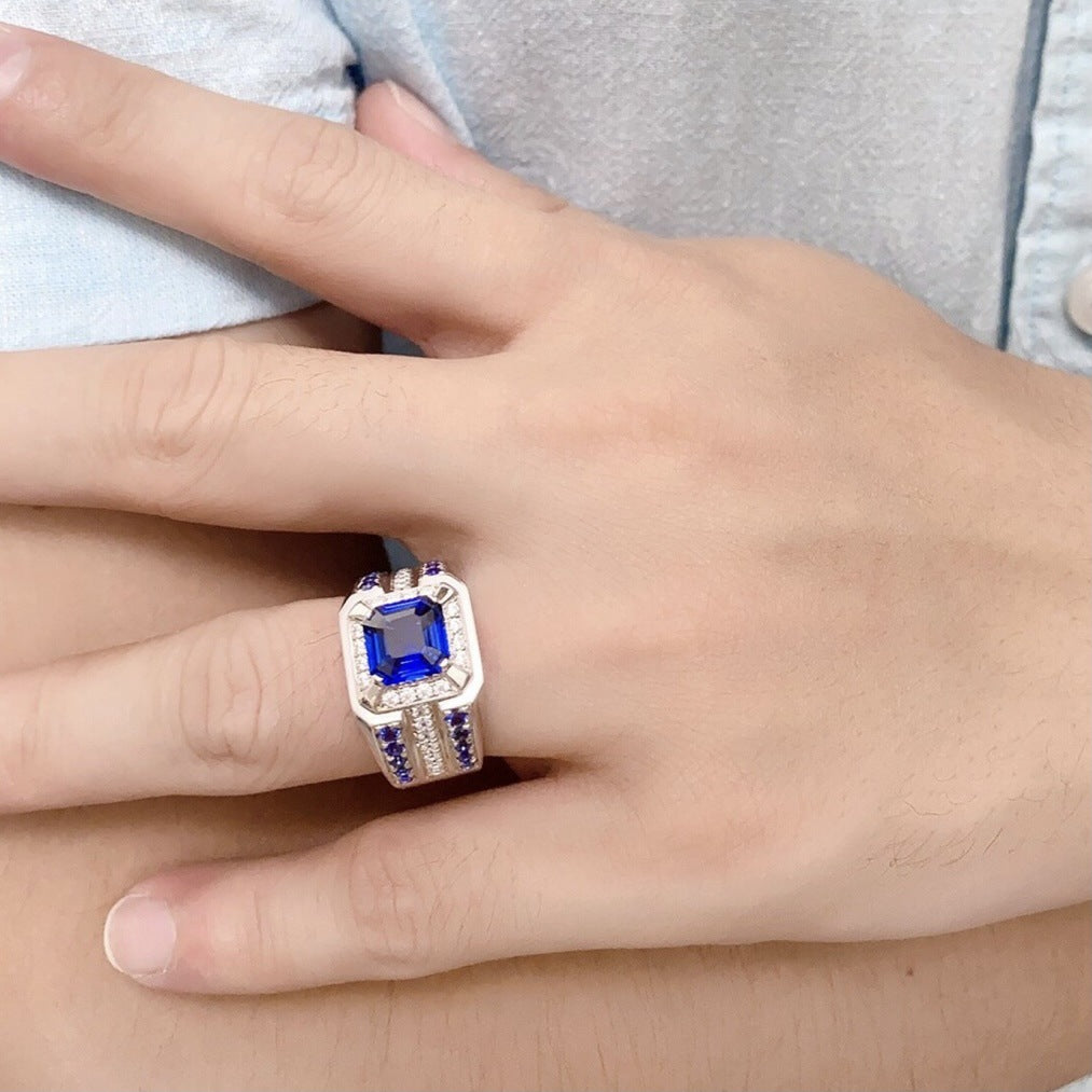 Square‑Cut Three‑Row Pave Wide‑Band Men’s Ring, Two‑Color Options