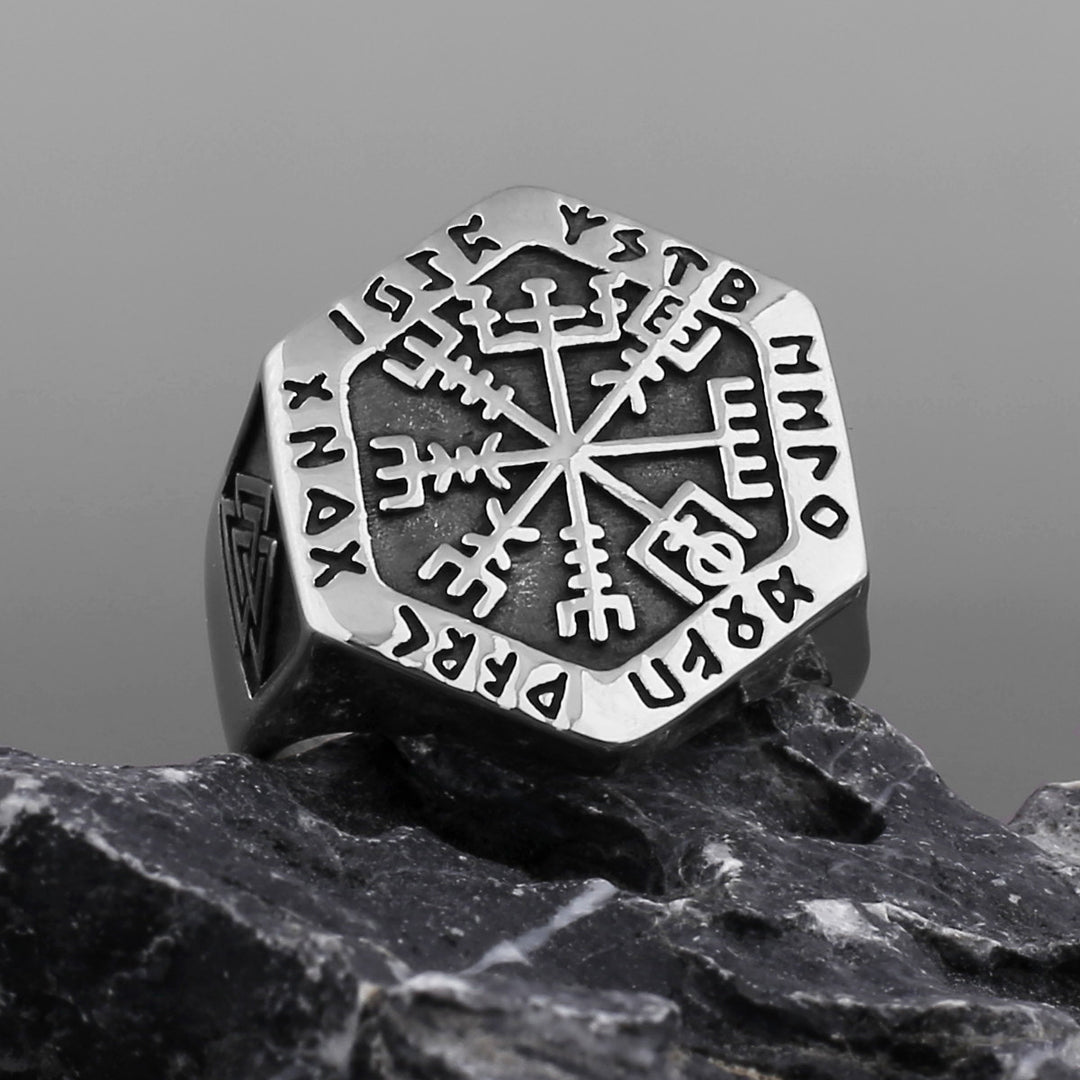 Titanium Steel Norse Rune Compass Ring (Viking Mythology Retro Style)