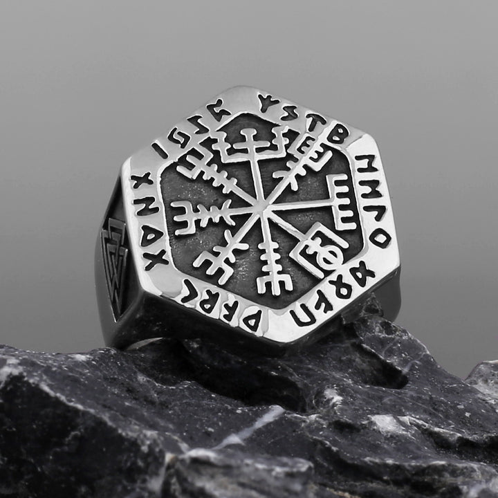 Titanium Steel Norse Rune Compass Ring (Viking Mythology Retro Style)