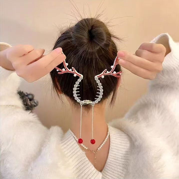 Christmas High Ponytail Hair Clip - Antler Bun Hair Clamp with High-End Tassel Headpiece