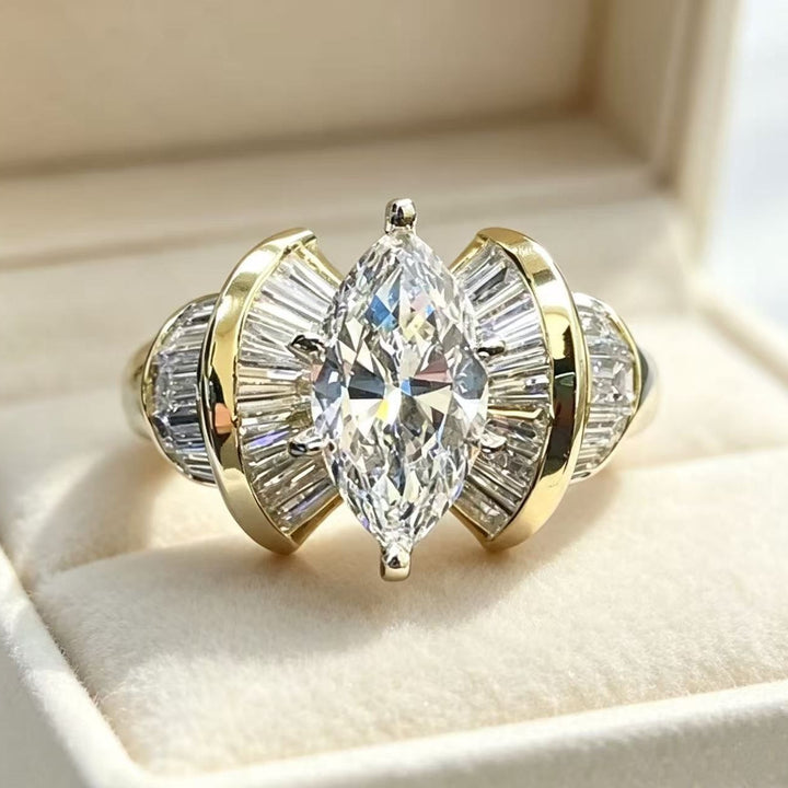 Marquise‑Cut Centre Diamond Baguette‑Accent Two‑Tone Vintage Women’s Ring